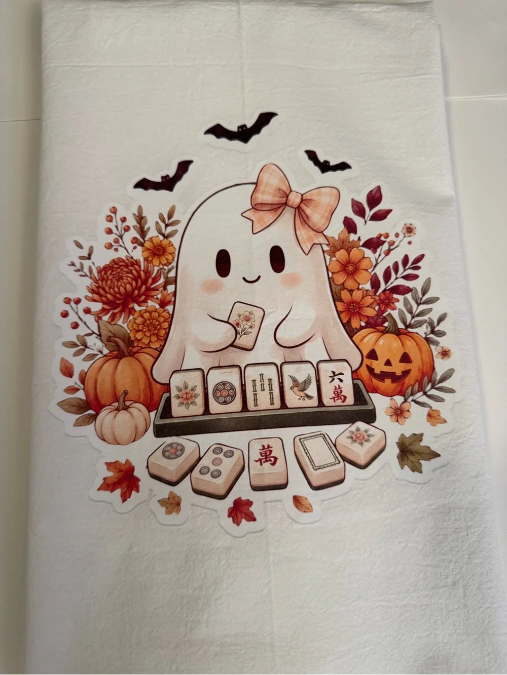 Fall Autumn Halloween Cute Ghost Mahjong kitchen Towel - White & Orange